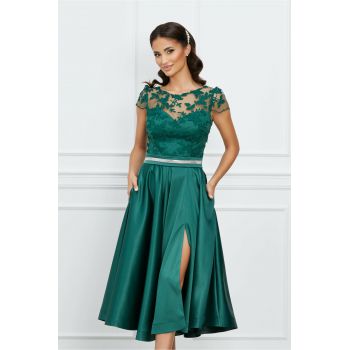 Rochie eleganta verde cu dantela la bust si crepeu maxi