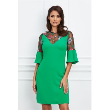 Rochie Moze verde cu broderie florala pe bust si maneci ieftina