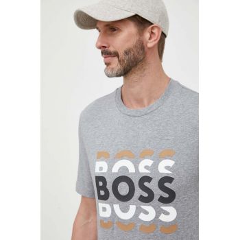 BOSS tricou din bumbac culoarea gri, cu imprimeu