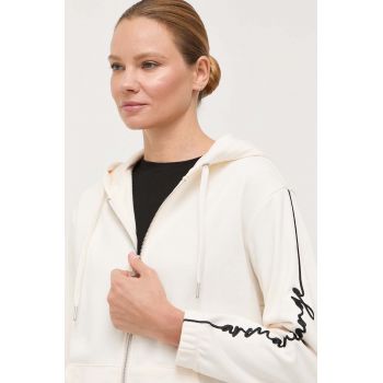 Armani Exchange bluza femei, culoarea bej, cu glugă, cu imprimeu