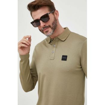 BOSS longsleeve din bumbac culoarea verde, neted