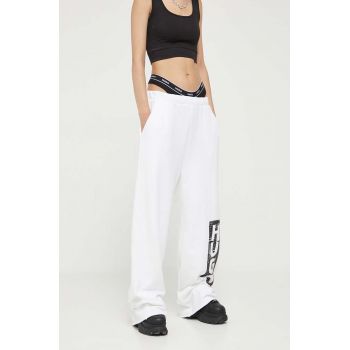 HUGO pantaloni de bumbac culoarea alb, cu imprimeu