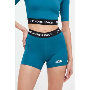 The North Face pantaloni scurti sport femei, culoarea turcoaz, cu imprimeu, high waist ieftini