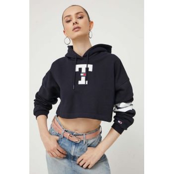 Tommy Jeans bluza femei, culoarea albastru marin, cu glugă, cu imprimeu