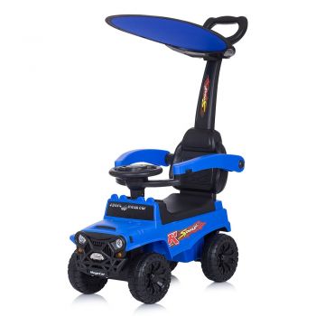 Masinuta pentru copii de impins Chipolino Safari blue cu maner si copertina detasabile, spatar mare, suport pentru picioare,volan cu functii muzicale, spatiu de depozitare sub sezut, de la 1,5 ani pana la 25 kg