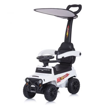 Masinuta pentru copii de impins Chipolino Safari white cu maner si copertina detasabile, spatar mare, suport pentru picioare,volan cu functii muzicale, spatiu de depozitare sub sezut, de la 1,5 ani pana la 25 kg