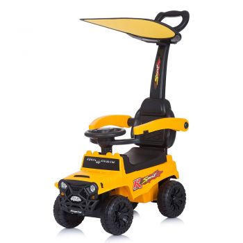 Masinuta pentru copii de impins Chipolino Safari yellow cu maner si copertina detasabile, spatar mare, suport pentru picioare,volan cu functii muzicale, spatiu de depozitare sub sezut, de la 1,5 ani pana la 25 kg
