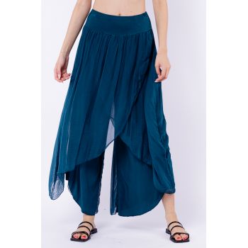Pantaloni petrecuti din matase naturala turcoaz inchis, tip salvari
