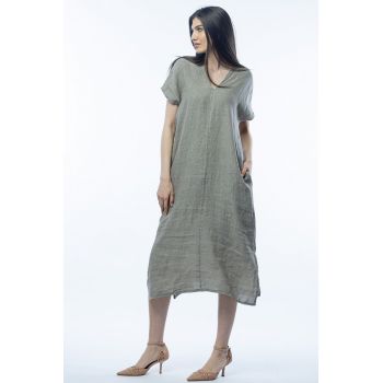 Rochie lunga din in cu funda pe spate,bej inchis