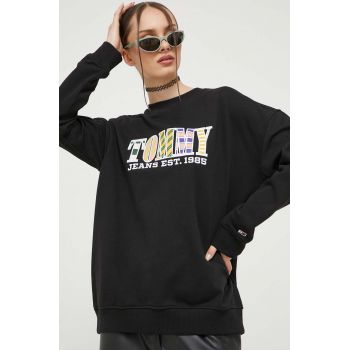 Tommy Jeans hanorac de bumbac femei, culoarea negru, cu imprimeu