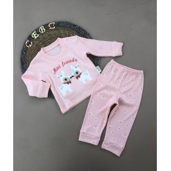 Compleu Mini Friends, Roz, 3 Piese, Bluza, Pantaloni si Bentita, Pentru Fetite, 9-18 luni