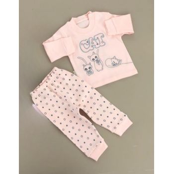 Compleu Pisicute, Corai, 2 Piese, Bluza si Pantaloni, Pentru Fetite, 9-18 luni