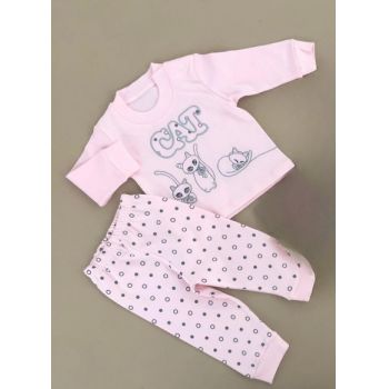 Compleu Pisicute, Roz, 2 Piese, Bluza si Pantaloni, Pentru Fetite, 9-18 luni