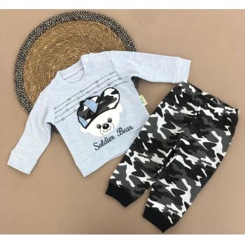 Compleu Soldier Bear, Gri, 2 Piese, Bluza si Pantaloni, Pentru Baietei, 9-18 luni