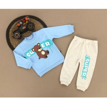 Compleu Super Bear, Albastru, 2 Piese, Bluza si Pantaloni, Pentru Baietei, 9-18 luni