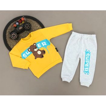 Compleu Super Bear, Galben, 2 Piese, Bluza si Pantaloni, Pentru Baietei, 9-18 luni