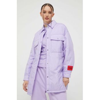 HUGO geaca femei, culoarea violet, de tranzitie, oversize