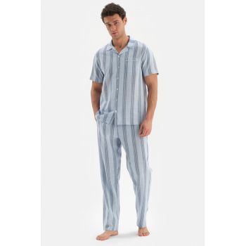 Camasa de pijama - din bumbac cu model in dungi la reducere