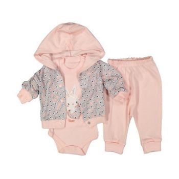 Compleu Baby Bunny, Roz, 3 Piese, Bluza, Body si Pantaloni, Pentru Fetite, 0-90 luni