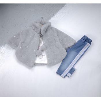 Compleu Beautiful, Gri, 3 Piese, Gecuta Pufoasa, Bluza si Blugi, Pentru Fetite, 1-3 ani