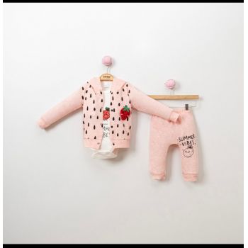 Compleu Capsunica, Roz, 3 Piese, Body, Bluza si Pantaloni, Pentru Fetite, 3-12 luni