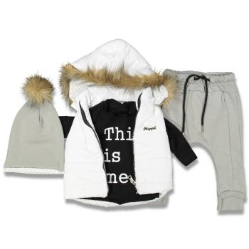 Compleu Gri, 4 Piese, Vesta, Bluza,Pantaloni si Caciulita, Pentru Bebelusi, 6-18 luni