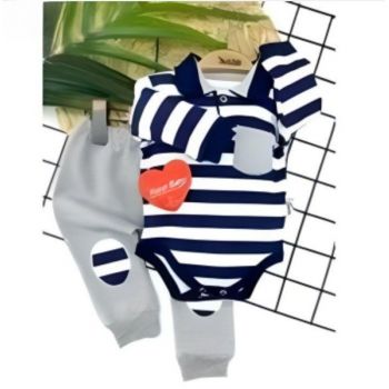 Compleu Liniute Albastre, 2 Piese, Body si Pantaloni, Pentru Bebelusi, 100% Bumbac, 0-12 luni