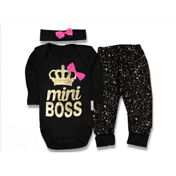 Compleu Mini Boss, Roz, 3 Piese, Body, Pantaloni si Bentita, 100% Bumbac, Pentru Fetite, 0-6 luni