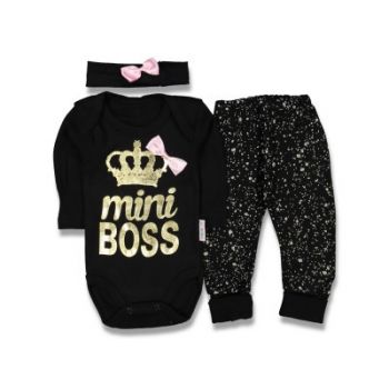 Compleu Mini Boss, Roz-Deschis, 3 Piese, Body, Pantaloni si Bentita, 100% Bumbac, Pentru Fetite, 0-6 luni
