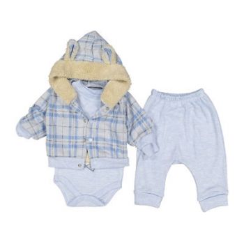 Compleu Ursulet, Albastru, 3 Piese, Pantaloni, Body si Hanorac, Pentru Baietei, 0-9 luni