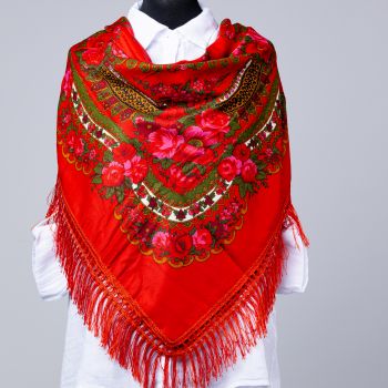 Esarfa gipsy patrata mare, tip Pavlovo Posad cu imprimeu floral traditional pe fond rosu ieftina