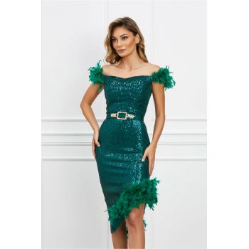 Rochie Biana verde din paiete cu pene si curea