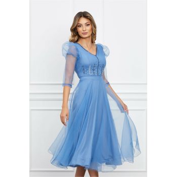 Rochie Briana albastra din organza cu strasuri pe bust