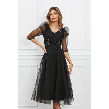 Rochie Briana neagra din organza cu strasuri pe bust