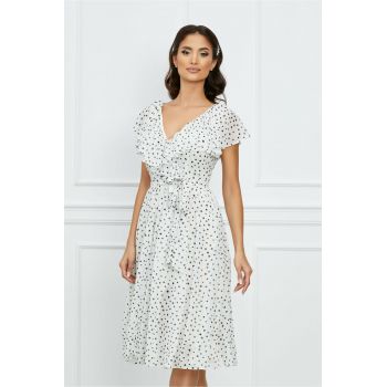 Rochie Dy Fashion din voal alba cu buline negre si cordon in talie
