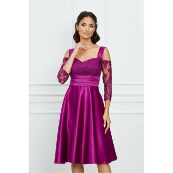 Rochie Dy Fashion magenta din tafta cu maneci din dantela si umeri goi ieftina