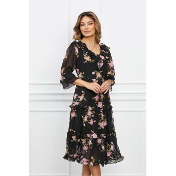 Rochie Laura neagra cu trandafiri roz si volane