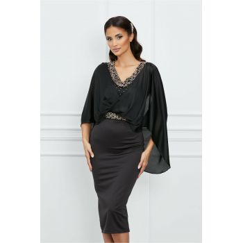 Rochie Ramira neagra cu capa si perle metalice