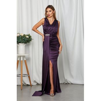 Rochie lunga de ocazie din licra satinat Reina Violet