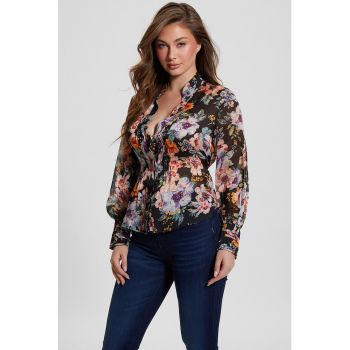 Bluza cu imprimeu floral si guler ascutit