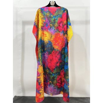 Rochie de plaja lunga tip poncho din matase cu peisaj cu gradini stilizate multicolore