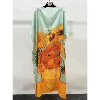 Rochie de plaja lunga tip poncho din matase cu reproducere dupa    Floarea Soarelui   de Van Gogh