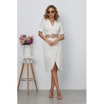 Rochie Margarita Alba cu Buline Bej ieftina