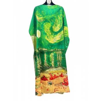 Rochie verde de plaja lunga tip poncho din matase cu reproducere dupa    Noapte Instelata deasupra Rhonului   de Claude Monet