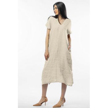 Rochie lunga din in cu funda pe spate, bej