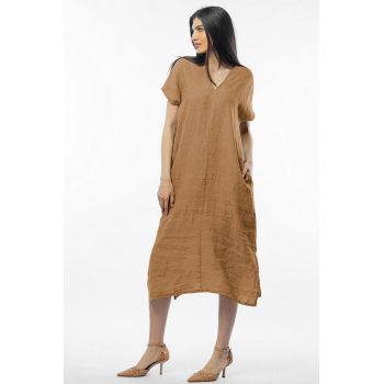 Rochie lunga din in cu funda pe spate, camel