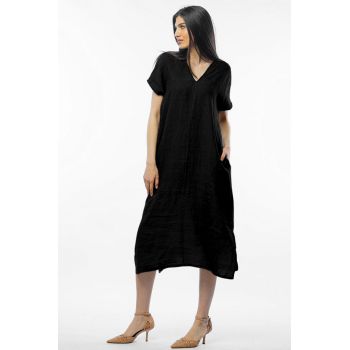 Rochie lunga din in cu funda pe spate, neagra