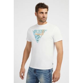Tricou cu imprimeu logo si decolteu la baza gatului