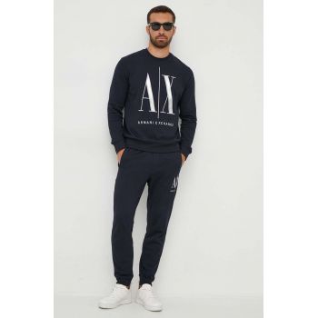 Armani Exchange pantaloni de trening din bumbac culoarea albastru marin, cu imprimeu de firma originali