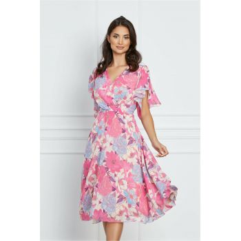 Rochie Carina ivory cu flori roz si bleu